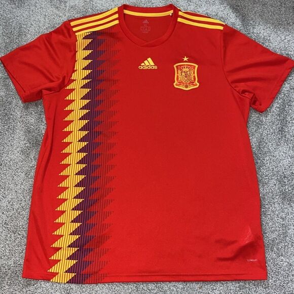 Red Zig zag SS Adidas 2018 Spain National Team futbol soccer t shirt jersey sewn - Picture 1 of 3